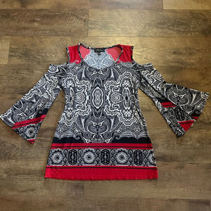 Women's Melissa Paige Cold Shoulder Bell Sleeve Top Black/Red/White Size M